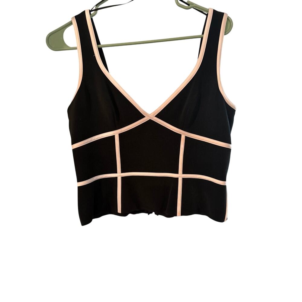 Vintage Cache Black & White Cage-Trim Cropped V-Neck Top